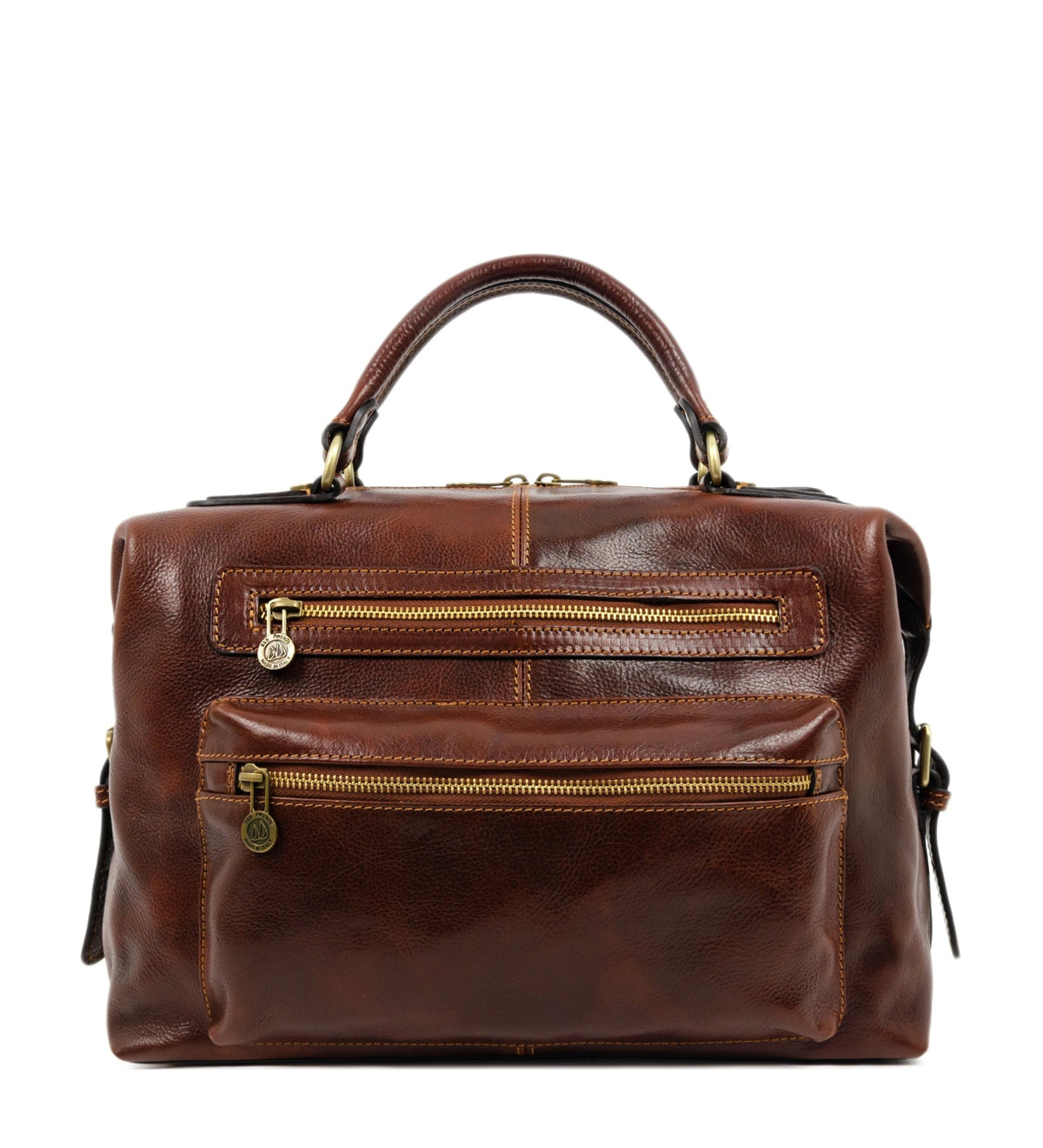 Time Resistance East of Eden brown leather travel bag, front view with double zip pockets