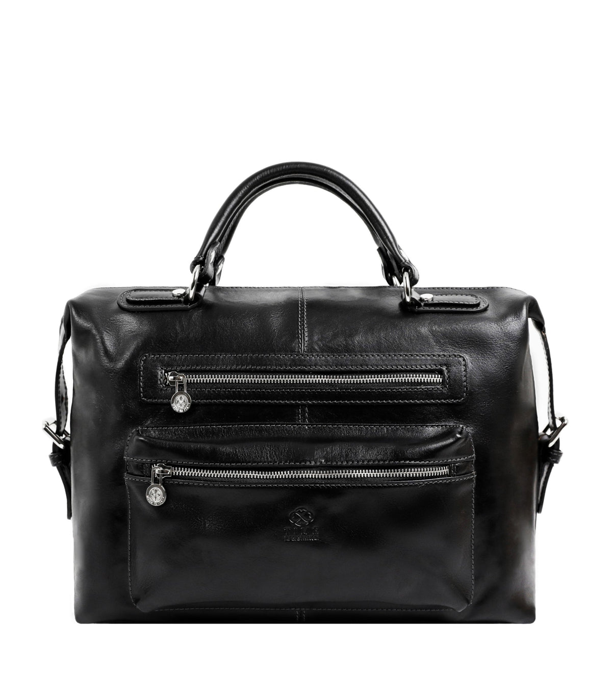 Time Resistance East of Eden leather travel bag in black, front view with double zip pockets
