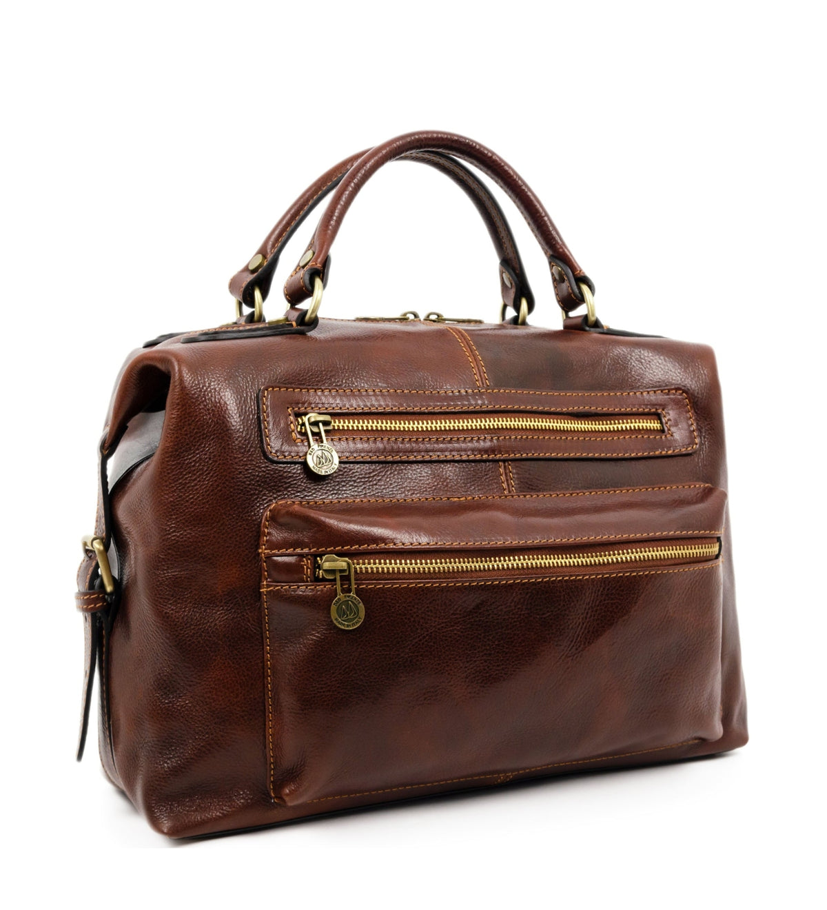 Brown East of Eden briefcase, three-quarter view with the shoulder strap clip visible