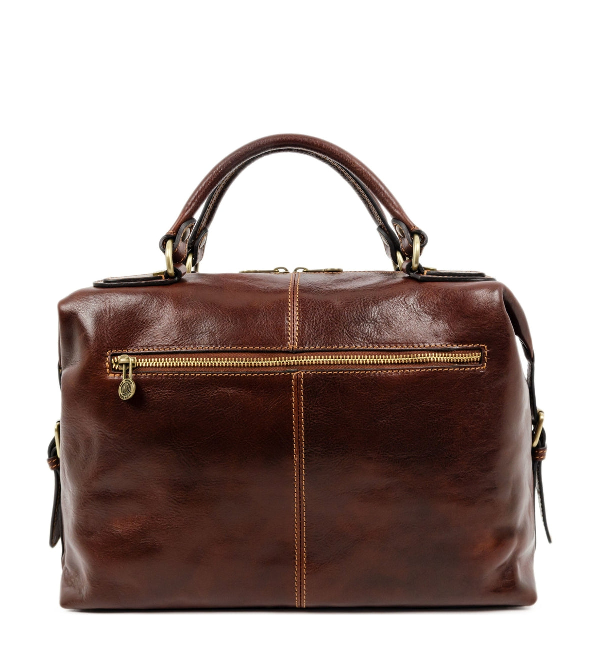 Back panel of the brown East of Eden briefcase, plain but for a single zip pocket