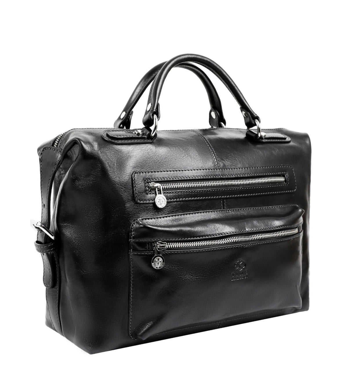 Black East of Eden briefcase, three-quarter view showing the two front zip pockets
