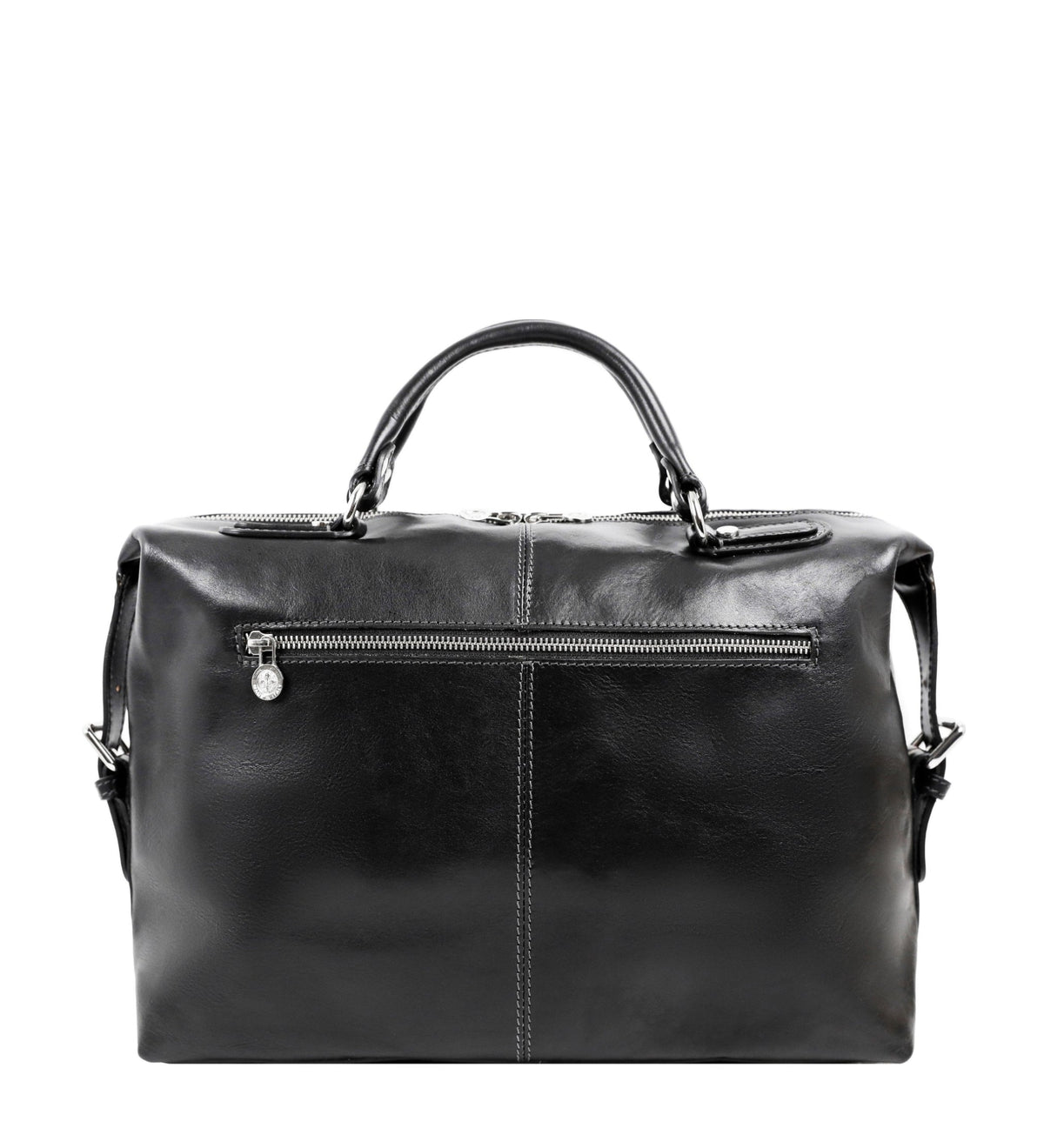 Back panel of the black East of Eden briefcase with its single zip pocket