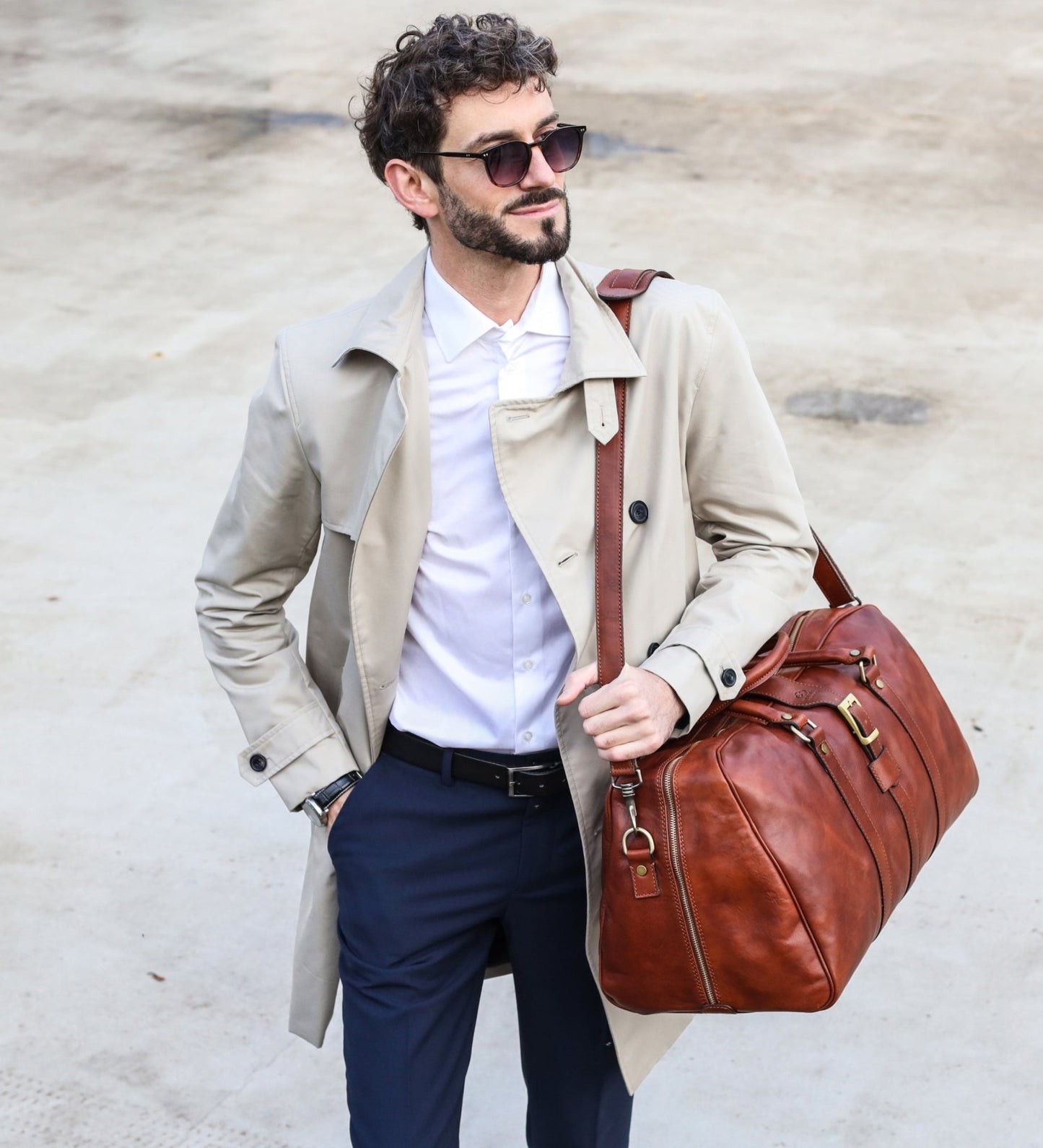 Cognac Brown Matte Leather Duffel Bag - Tender Is the Night