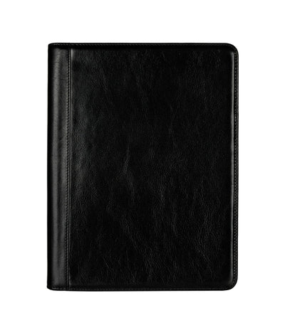 Time Resistance Something Fresh leather portfolio in black, front view on a white background