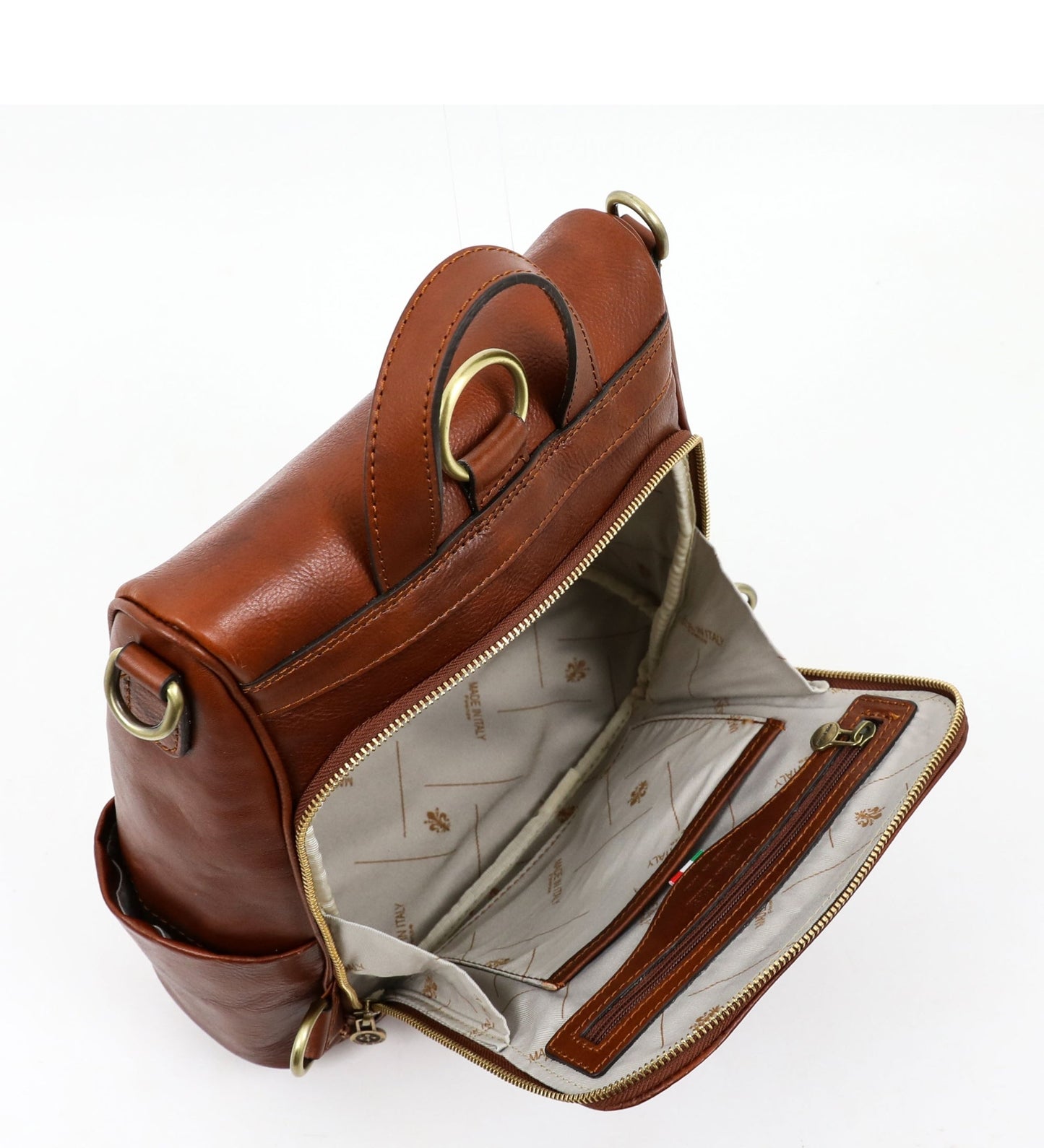 Womens Cognac Brown Leather Convertible Backpack Shoulder Bag - The Waves