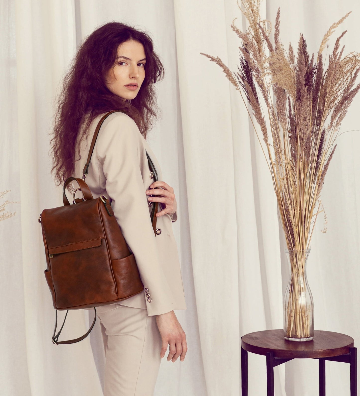 Womens Cognac Brown Leather Convertible Backpack Shoulder Bag - The Waves