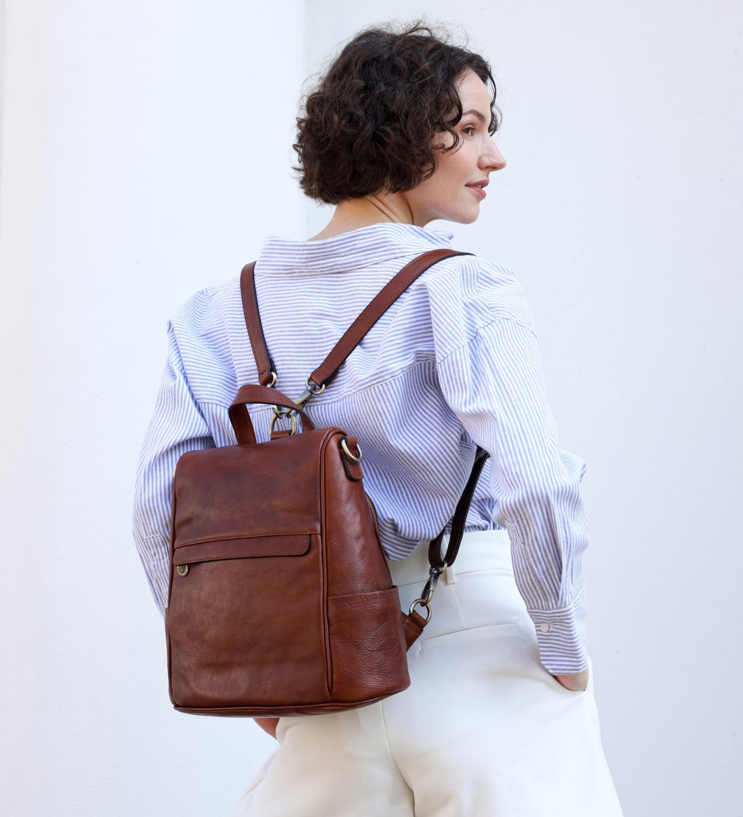 Womens Cognac Brown Leather Convertible Backpack Shoulder Bag - The Waves